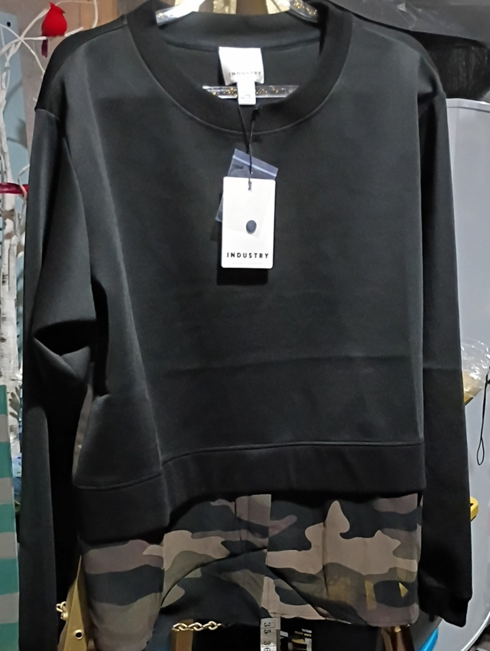 Industry Women’s Black Layered Sweatshirt/Blouse with Camo Hem